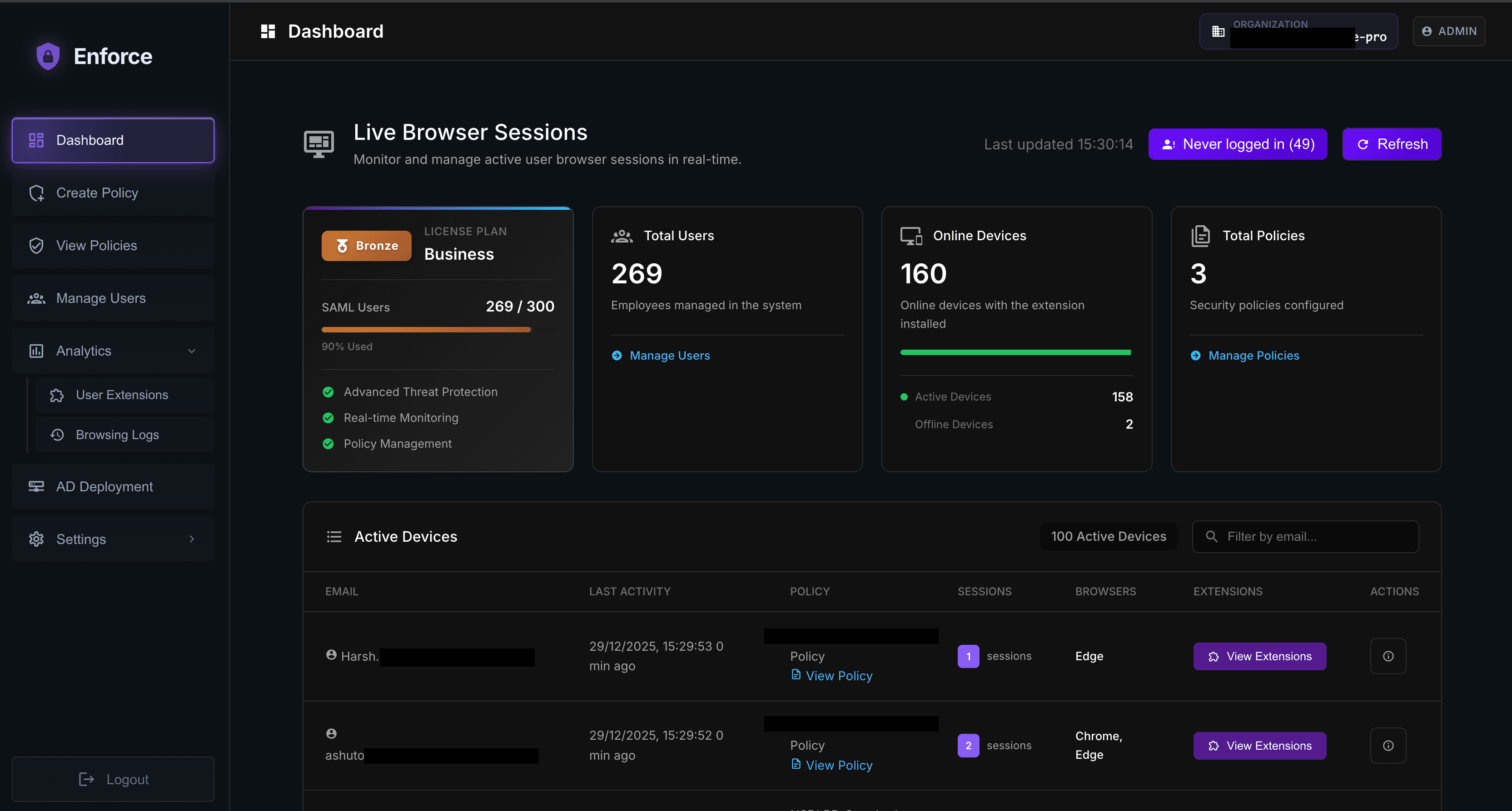 Enforce Dashboard - Browser Security Management